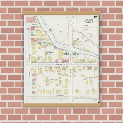Old map wall art mockup — magnetic wood frame on brick wall — Sanborn Fire Insurance Map from Ithaca, Tompkins County, New York (1893), Sheet #0012