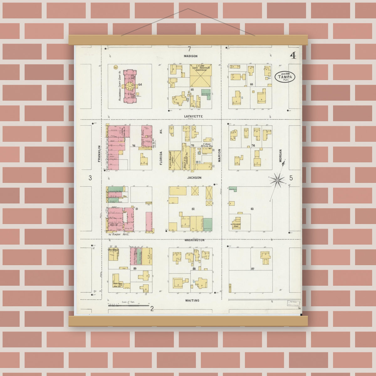 Old map wall art mockup — magnetic wood frame on brick wall — Sanborn Fire Insurance Map from Tampa, Hillsborough County, Florida (1899), Sheet #0004