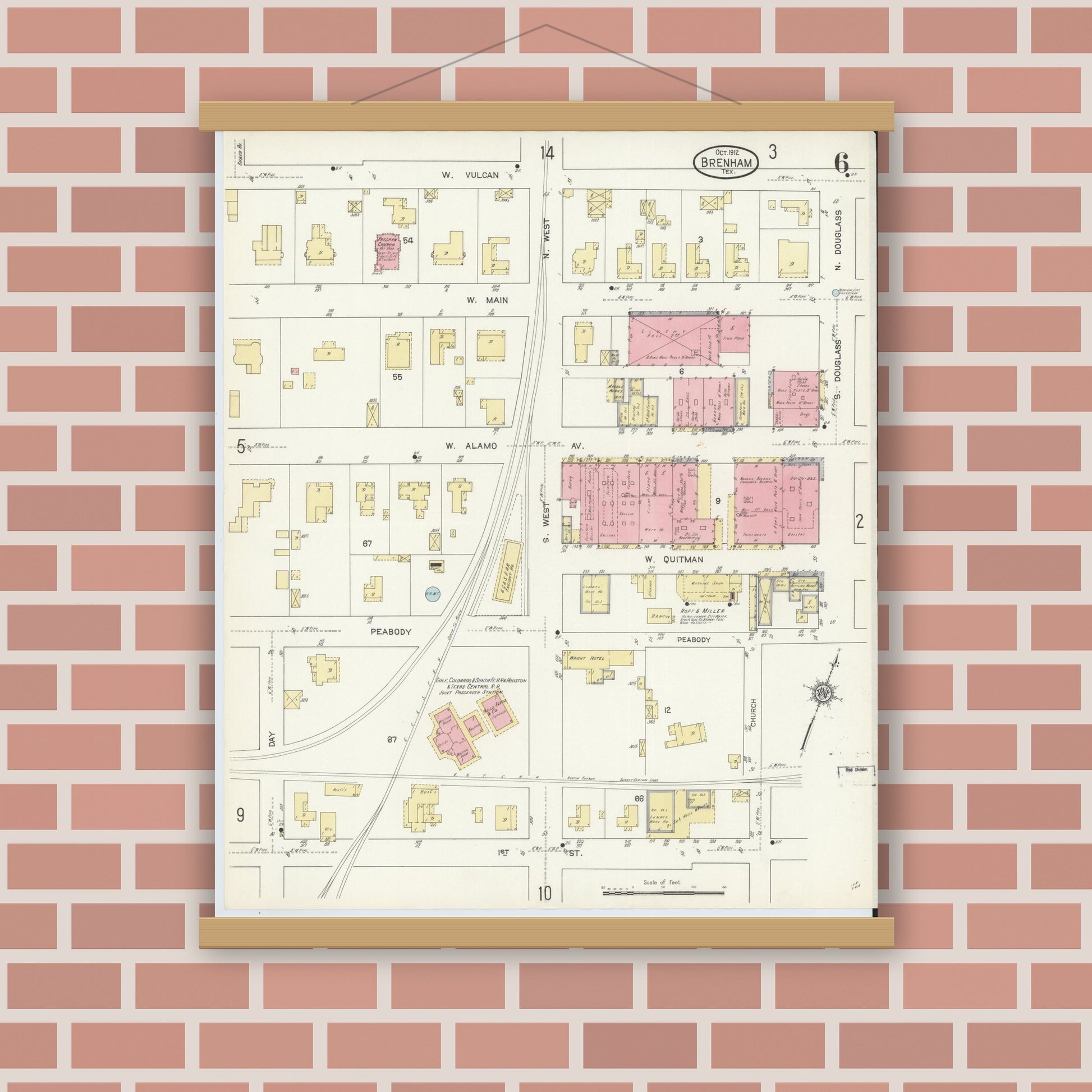 Old map wall art mockup — magnetic wood frame on brick wall — Sanborn Fire Insurance Map from Brenham, Washington County, Texas (1912), Sheet #0006