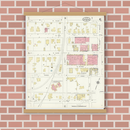 Old map wall art mockup — magnetic wood frame on brick wall — Sanborn Fire Insurance Map from Brenham, Washington County, Texas (1912), Sheet #0006