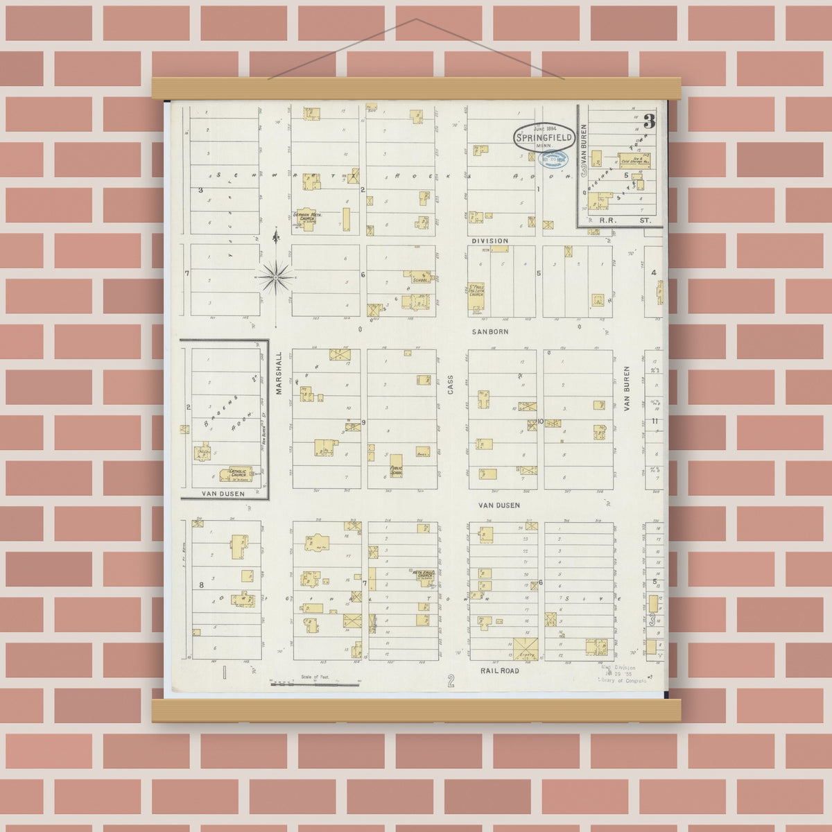 Old map wall art mockup — magnetic wood frame on brick wall — Sanborn Fire Insurance Map from Springfield, Brown County, Minnesota (1894), Sheet #0003