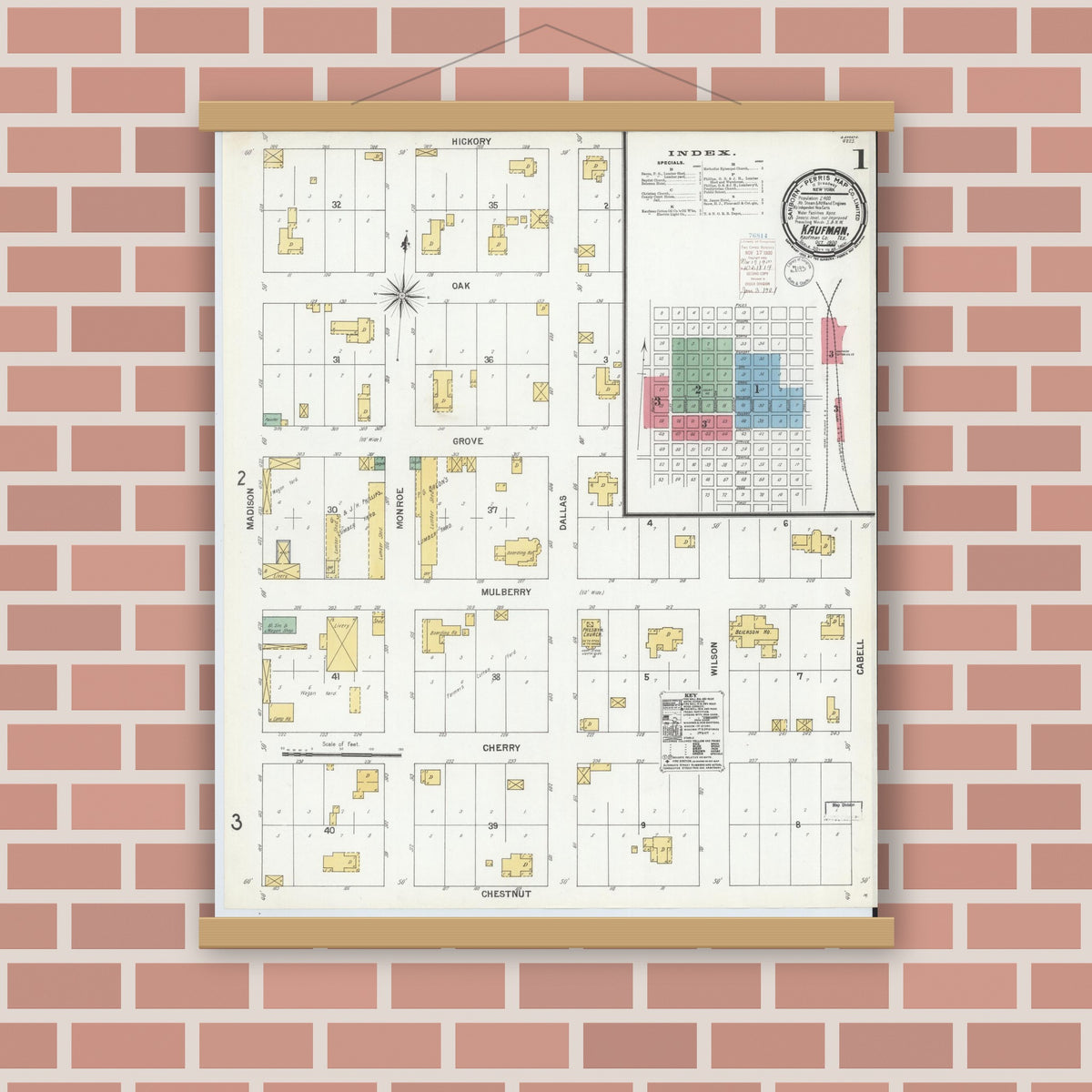 Old map wall art mockup — magnetic wood frame on brick wall — Sanborn Fire Insurance Map from Kaufman, Kaufman County, Texas (1900), Sheet #0001