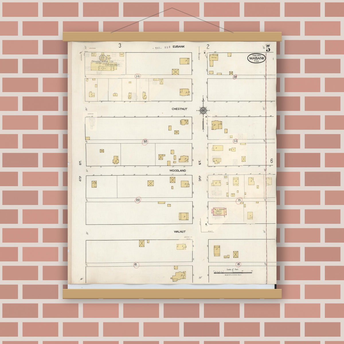 Old map wall art mockup — magnetic wood frame on brick wall — Sanborn Fire Insurance Map from Mabank, Kaufman County, Texas (1934), Sheet #0005