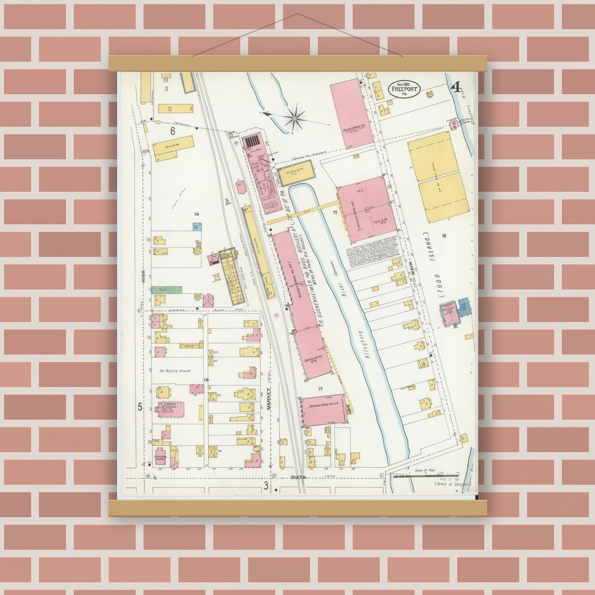 Old map wall art mockup — magnetic wood frame on brick wall — Sanborn Fire Insurance Map from Freeport, Armstrong County, Pennsylvania (1902), Sheet #0004