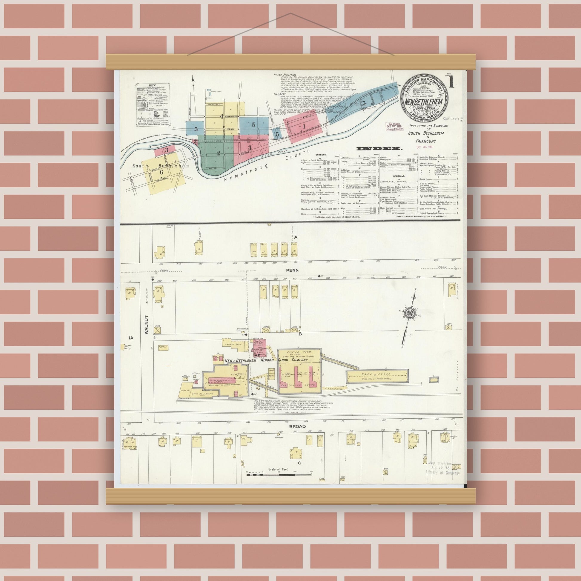 Old map wall art mockup — magnetic wood frame on brick wall — Sanborn Fire Insurance Map from New Bethlehem, Clarion County, Pennsylvania (1910), Sheet #0001