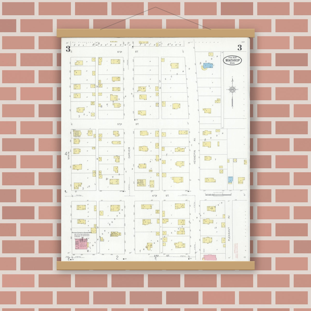 Old map wall art mockup — magnetic wood frame on brick wall — Sanborn Fire Insurance Map from Winthrop, Sibley County, Minnesota (1930), Sheet #0003