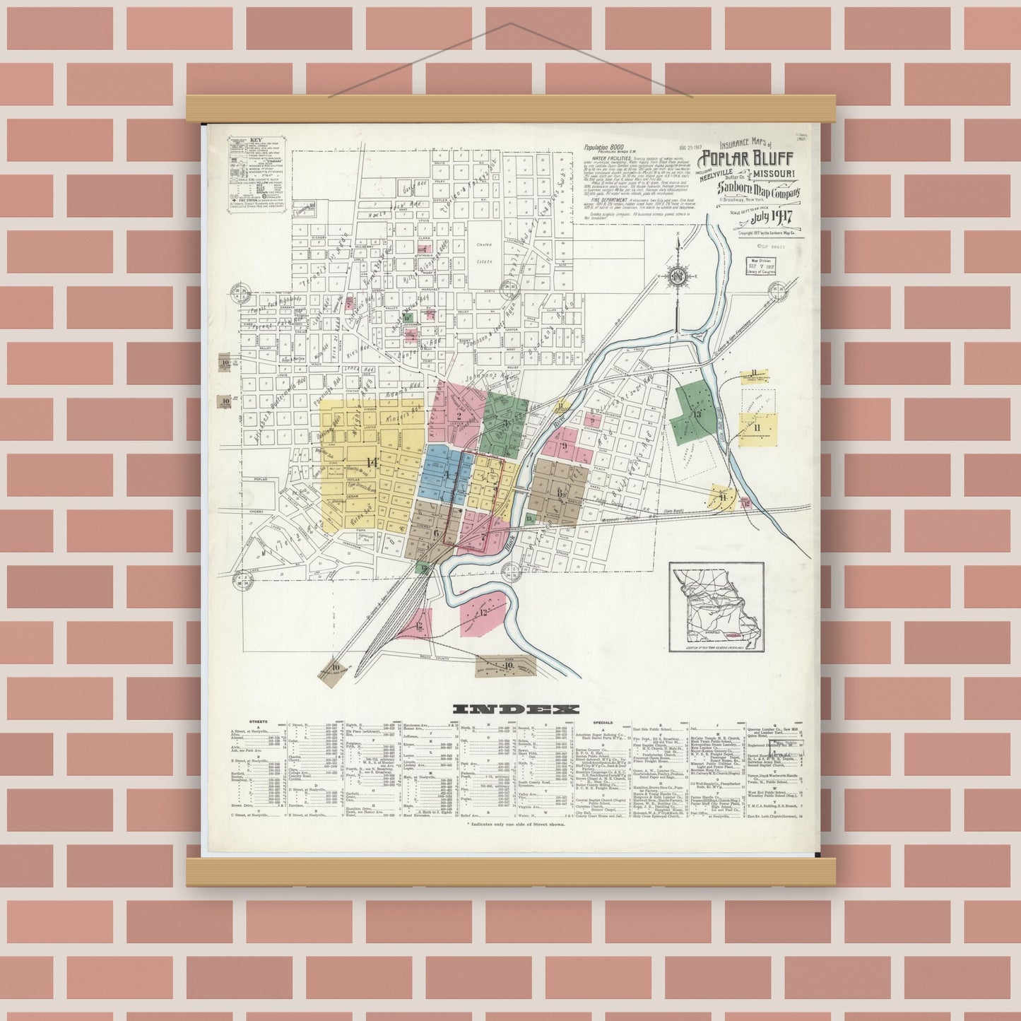 Old map wall art mockup — magnetic wood frame on brick wall — Sanborn Fire Insurance Map from Poplar Bluff, Butler County, Missouri (1917) - Complete Map Set