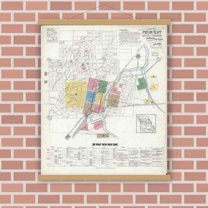 Old map wall art mockup — magnetic wood frame on brick wall — Sanborn Fire Insurance Map from Poplar Bluff, Butler County, Missouri (1917) - Complete Map Set