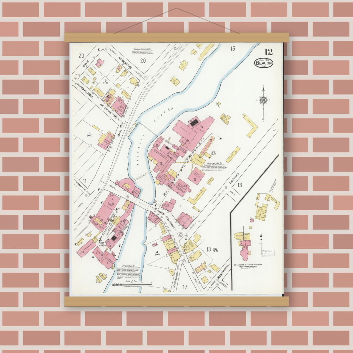 Old map wall art mockup — magnetic wood frame on brick wall — Sanborn Fire Insurance Map from Beacon, Dutchess County, New York (1919), Sheet #0012