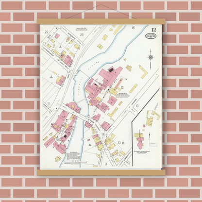 Old map wall art mockup — magnetic wood frame on brick wall — Sanborn Fire Insurance Map from Beacon, Dutchess County, New York (1919), Sheet #0012