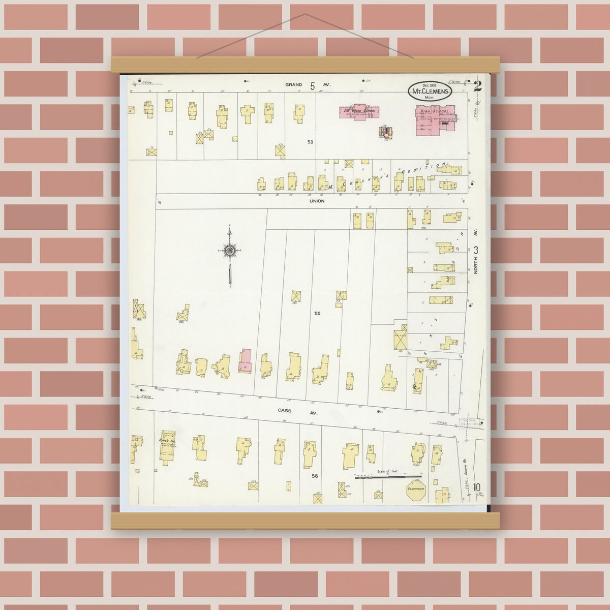 Old map wall art mockup — magnetic wood frame on brick wall — Sanborn Fire Insurance Map from Mount Clemens, Macomb County, Michigan (1909), Sheet #0002