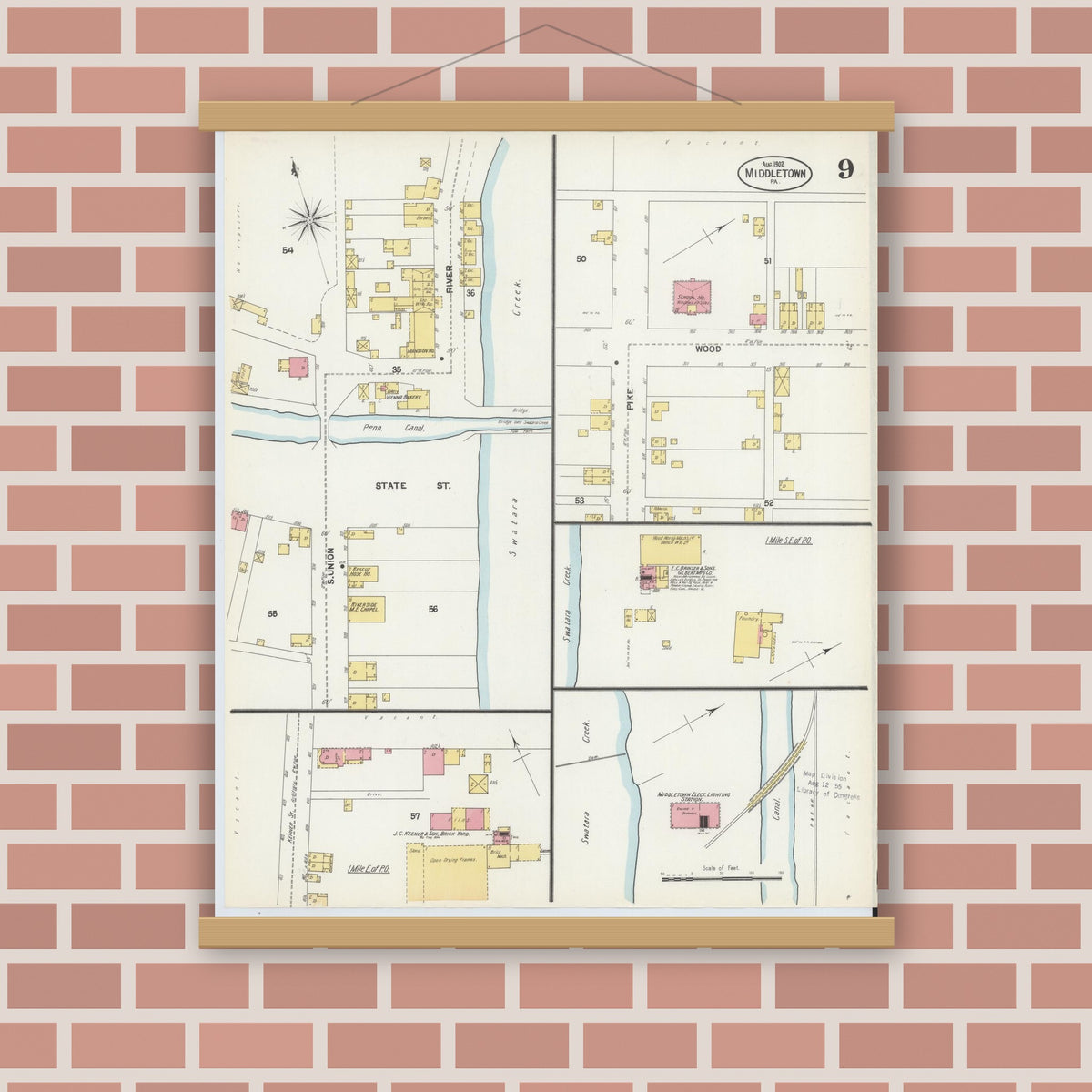 Old map wall art mockup — magnetic wood frame on brick wall — Sanborn Fire Insurance Map from Middletown, Dauphin County, Pennsylvania (1902), Sheet #0009