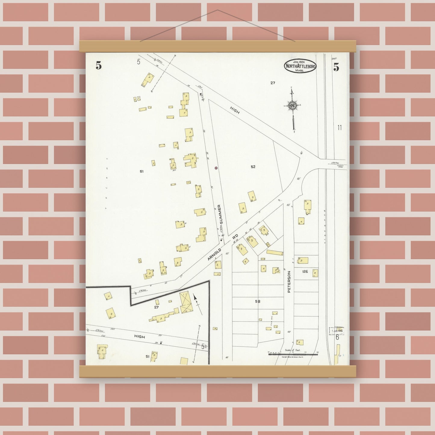 Old map wall art mockup — magnetic wood frame on brick wall — Sanborn Fire Insurance Map from North Attleborough, Bristol County, Massachusetts (1924), Sheet #0005