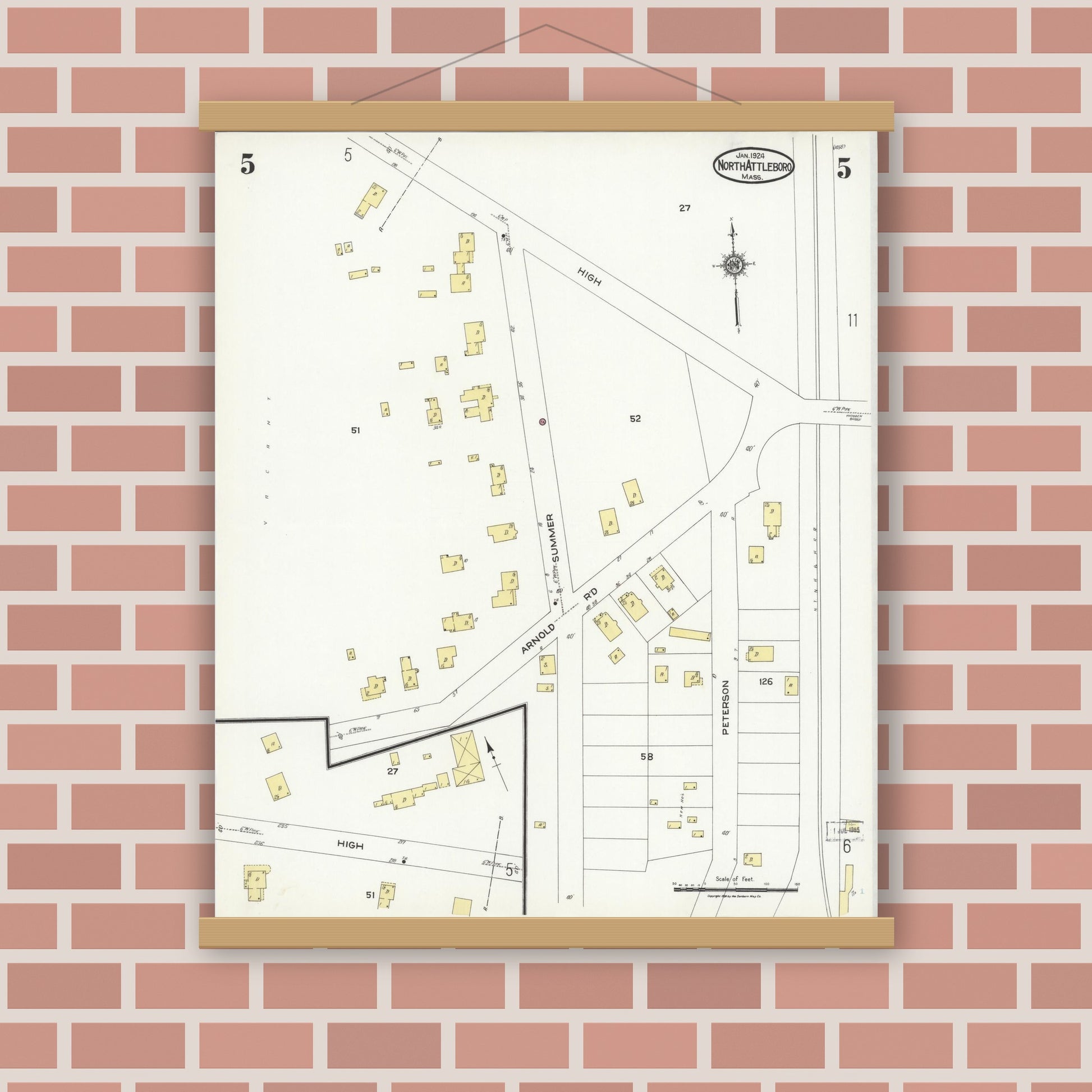 Old map wall art mockup — magnetic wood frame on brick wall — Sanborn Fire Insurance Map from North Attleborough, Bristol County, Massachusetts (1924), Sheet #0005