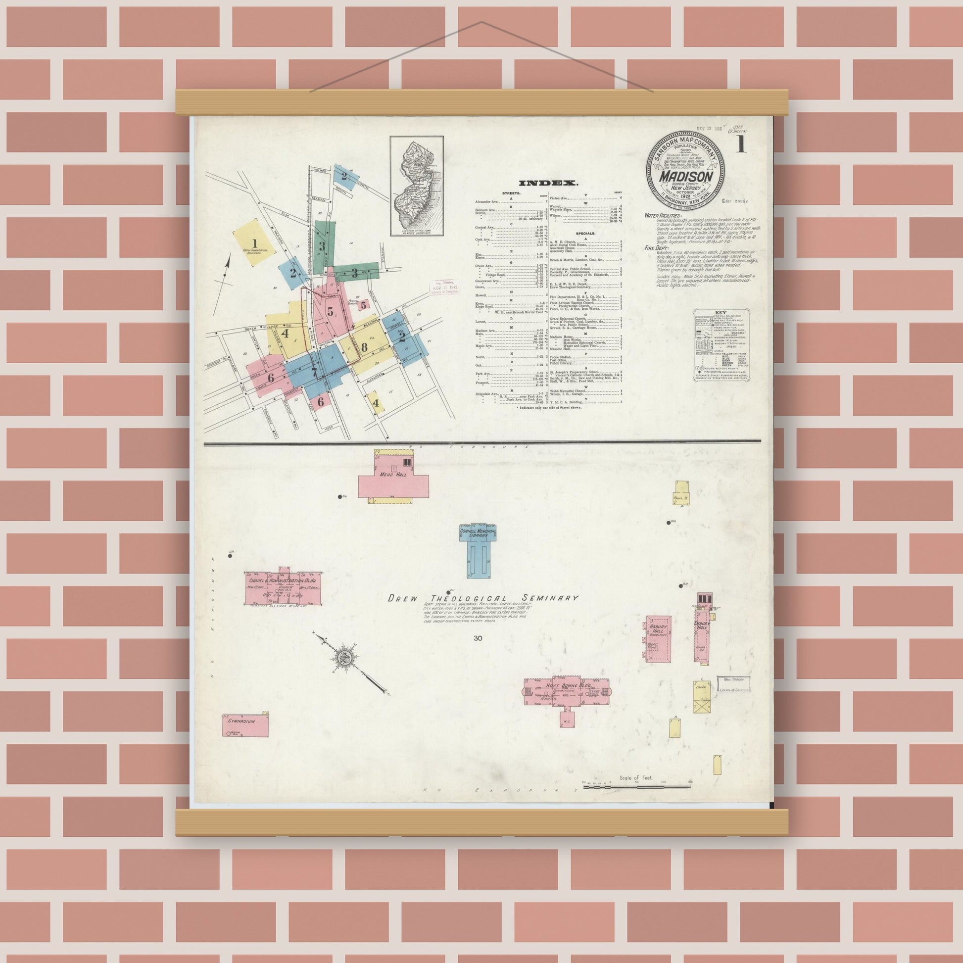 Old map wall art mockup — magnetic wood frame on brick wall — Sanborn Fire Insurance Map from Madison, Morris County, New Jersey (1912), Sheet #0001