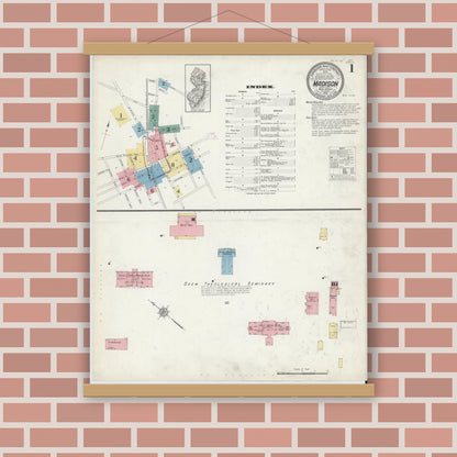 Old map wall art mockup — magnetic wood frame on brick wall — Sanborn Fire Insurance Map from Madison, Morris County, New Jersey (1912), Sheet #0001