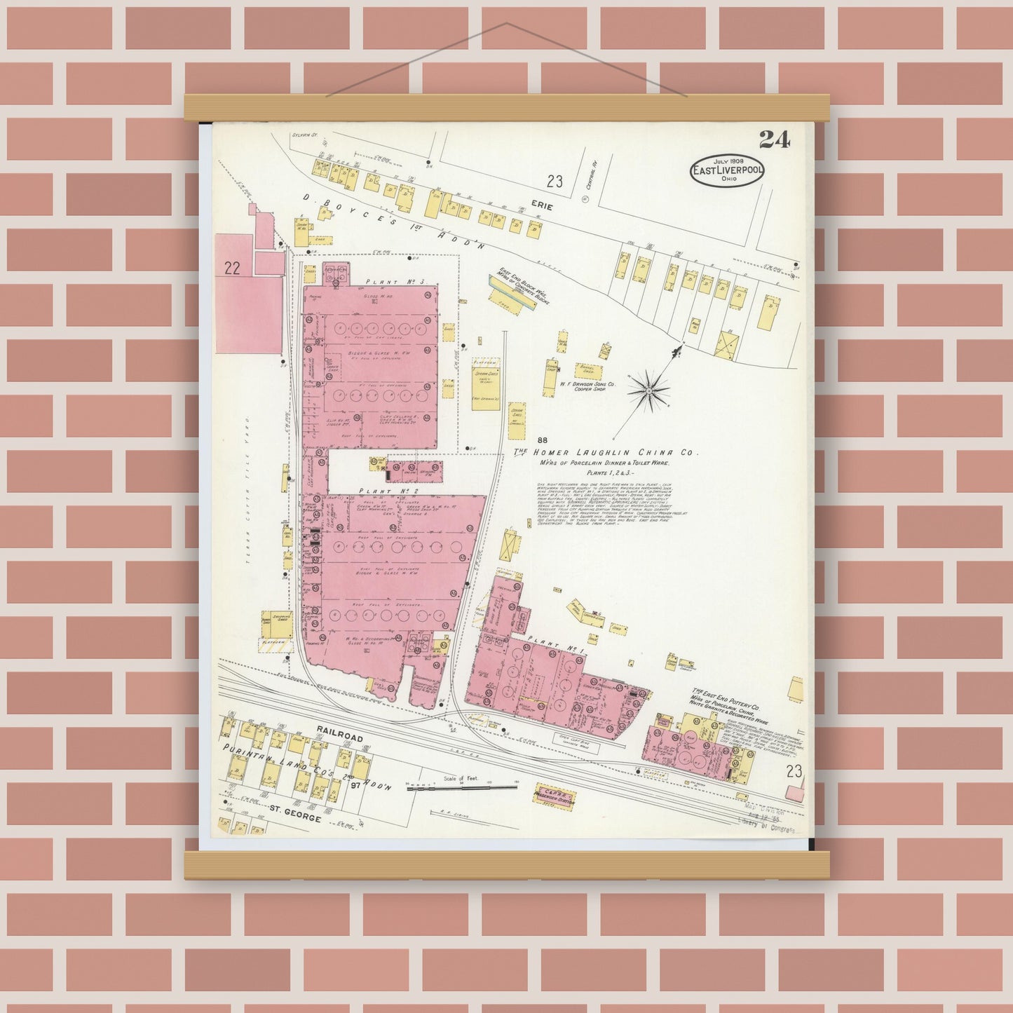 Old map wall art mockup — magnetic wood frame on brick wall — Sanborn Fire Insurance Map from East Liverpool, Columbiana County, Ohio (1908), Sheet #0024