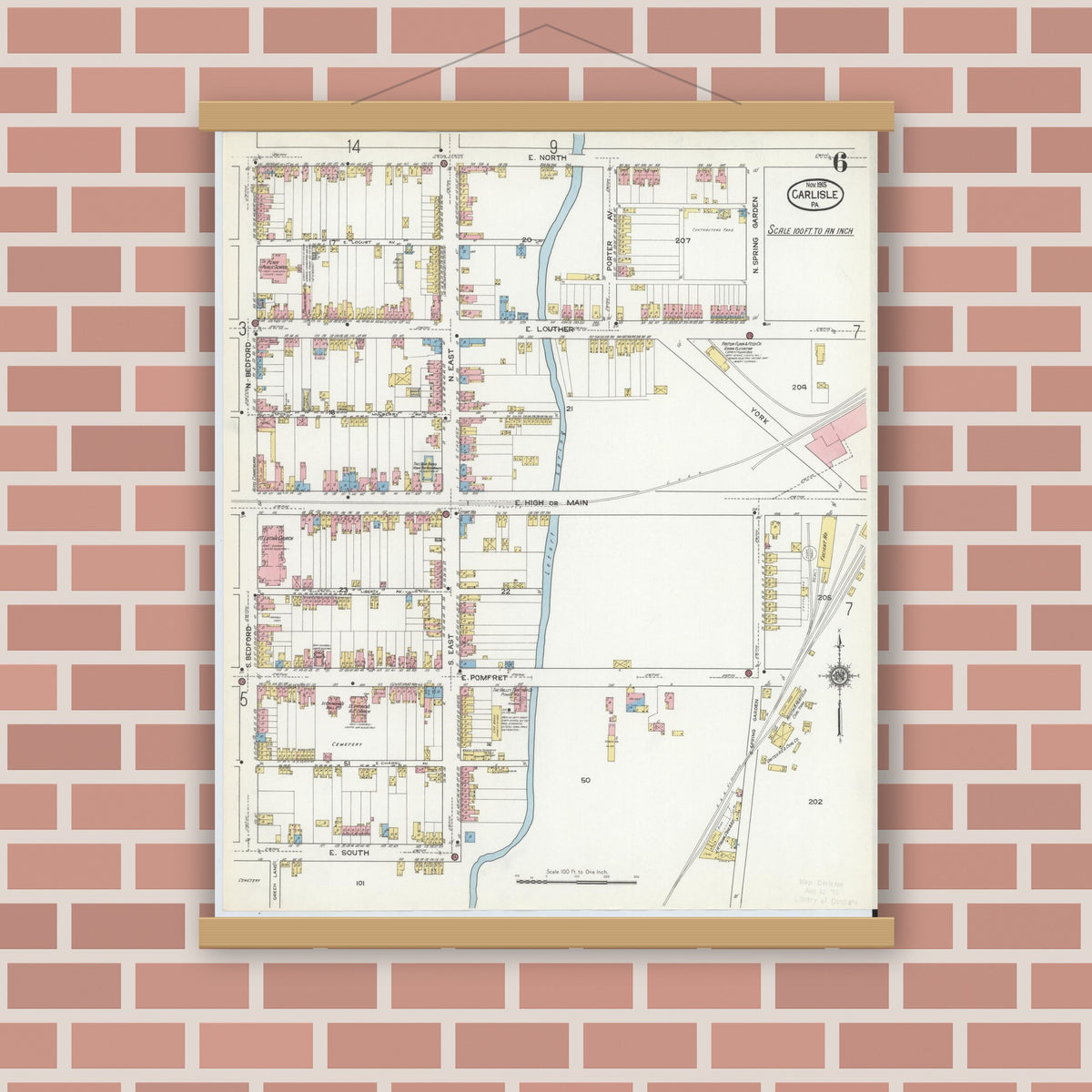 Old map wall art mockup — magnetic wood frame on brick wall — Sanborn Fire Insurance Map from Carlisle, Cumberland County, Pennsylvania (1915), Sheet #0006