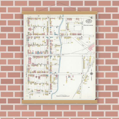 Old map wall art mockup — magnetic wood frame on brick wall — Sanborn Fire Insurance Map from Carlisle, Cumberland County, Pennsylvania (1915), Sheet #0006