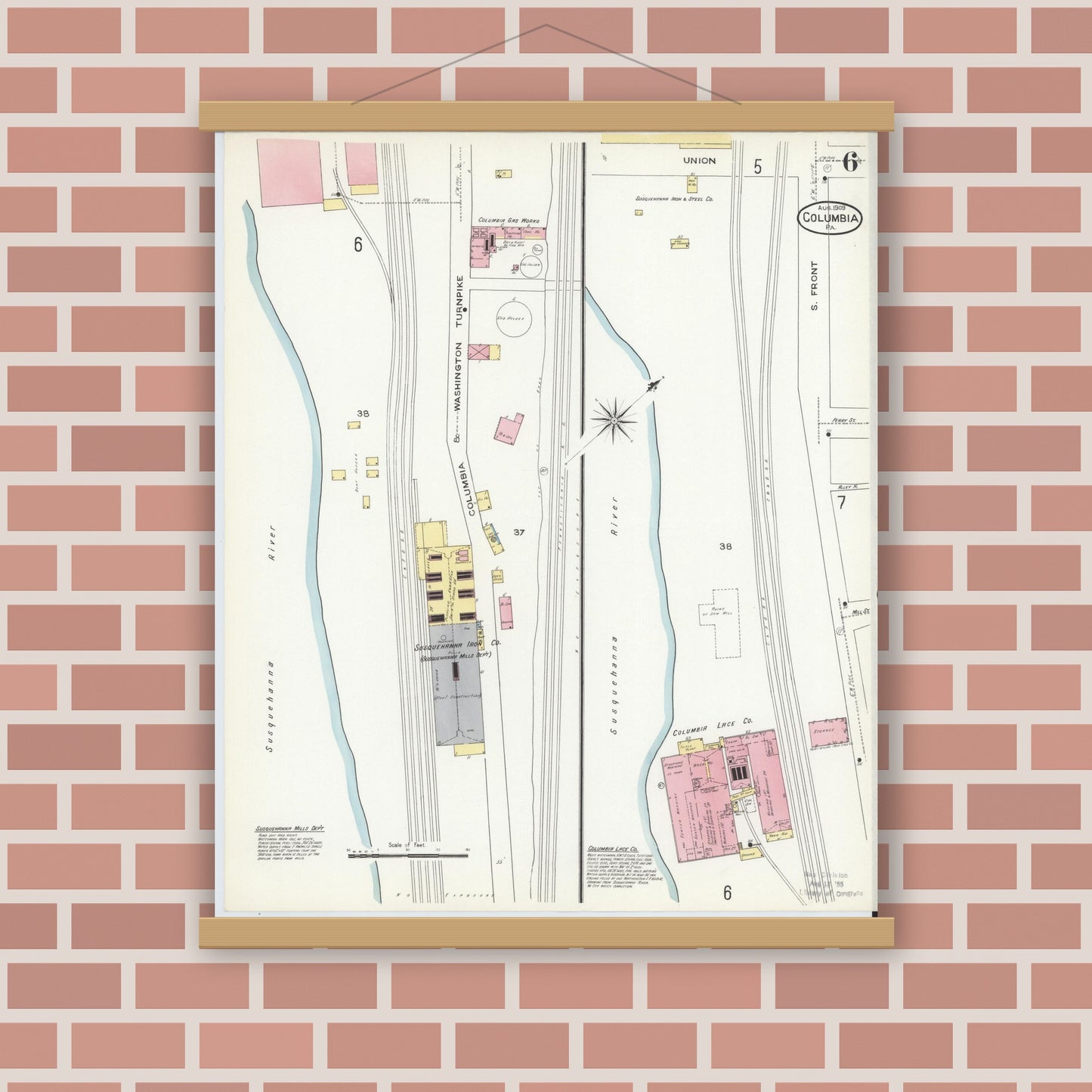 Old map wall art mockup — magnetic wood frame on brick wall — Sanborn Fire Insurance Map from Columbia, Lancaster County, Pennsylvania (1909), Sheet #0006