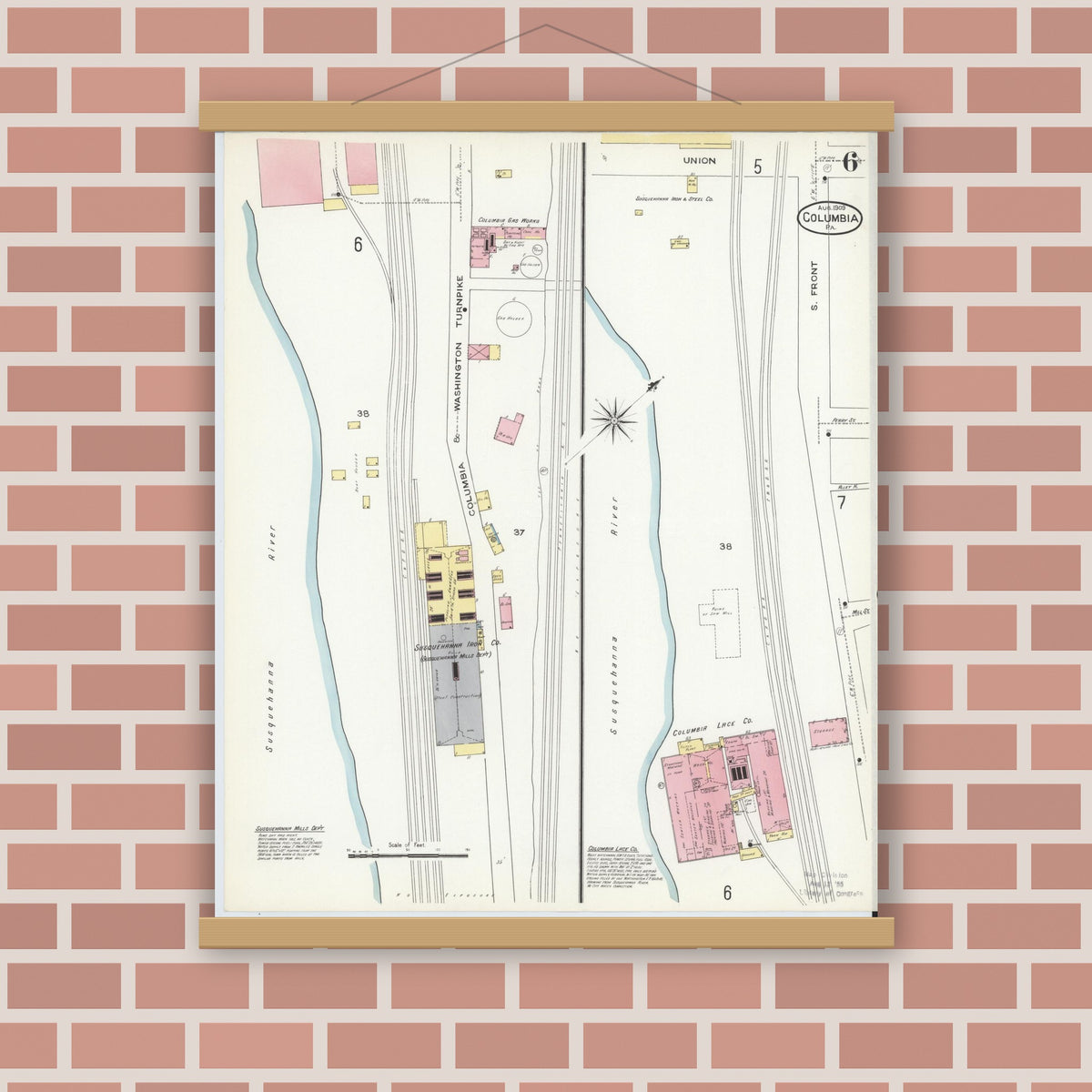 Old map wall art mockup — magnetic wood frame on brick wall — Sanborn Fire Insurance Map from Columbia, Lancaster County, Pennsylvania (1909), Sheet #0006