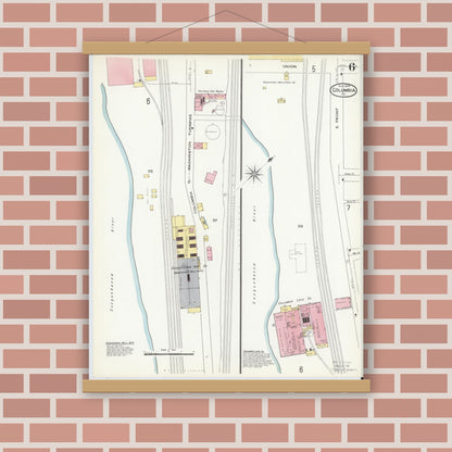 Old map wall art mockup — magnetic wood frame on brick wall — Sanborn Fire Insurance Map from Columbia, Lancaster County, Pennsylvania (1909), Sheet #0006