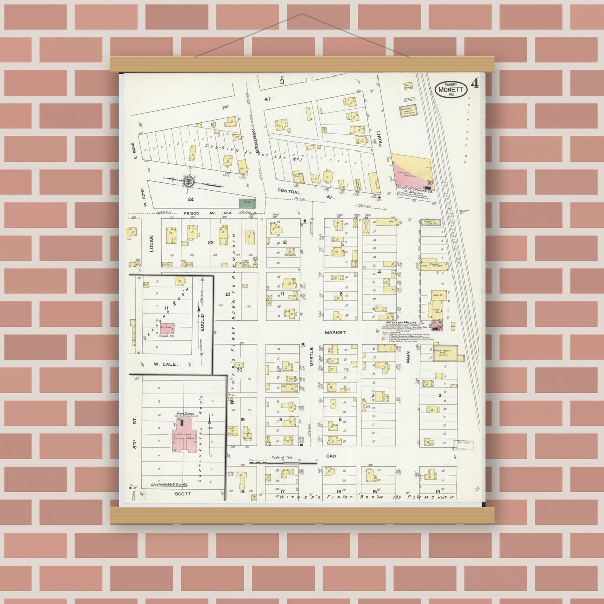 Old map wall art mockup — magnetic wood frame on brick wall — Sanborn Fire Insurance Map from Monett, Barry County, Missouri (1910), Sheet #0004