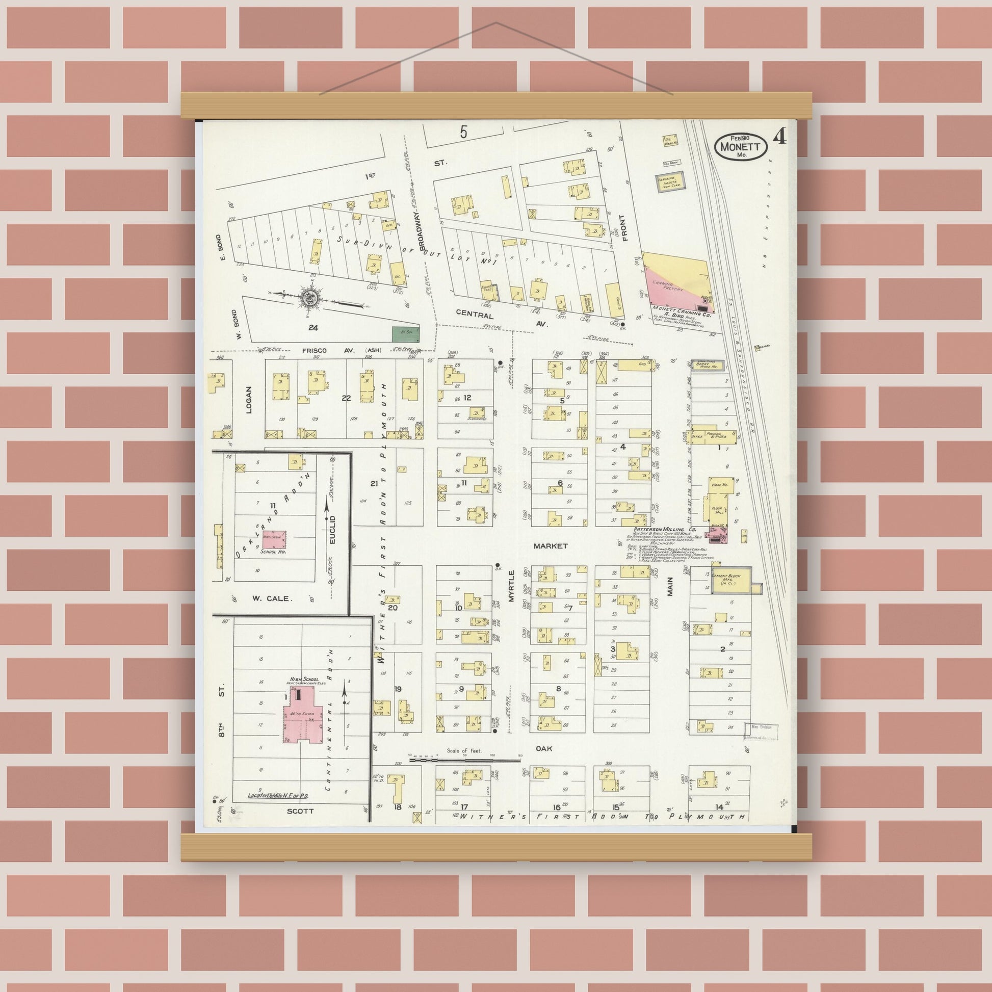 Old map wall art mockup — magnetic wood frame on brick wall — Sanborn Fire Insurance Map from Monett, Barry County, Missouri (1910), Sheet #0004