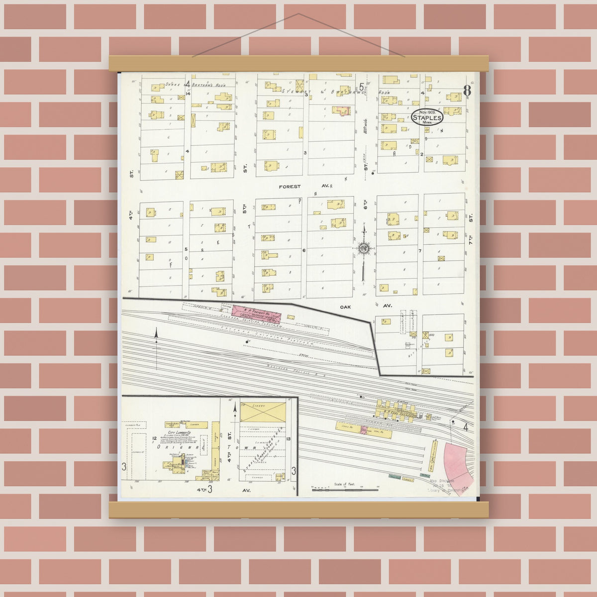 Old map wall art mockup — magnetic wood frame on brick wall — Sanborn Fire Insurance Map from Staples, Todd County, Minnesota (1909), Sheet #0008