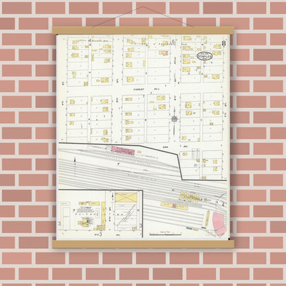 Old map wall art mockup — magnetic wood frame on brick wall — Sanborn Fire Insurance Map from Staples, Todd County, Minnesota (1909), Sheet #0008
