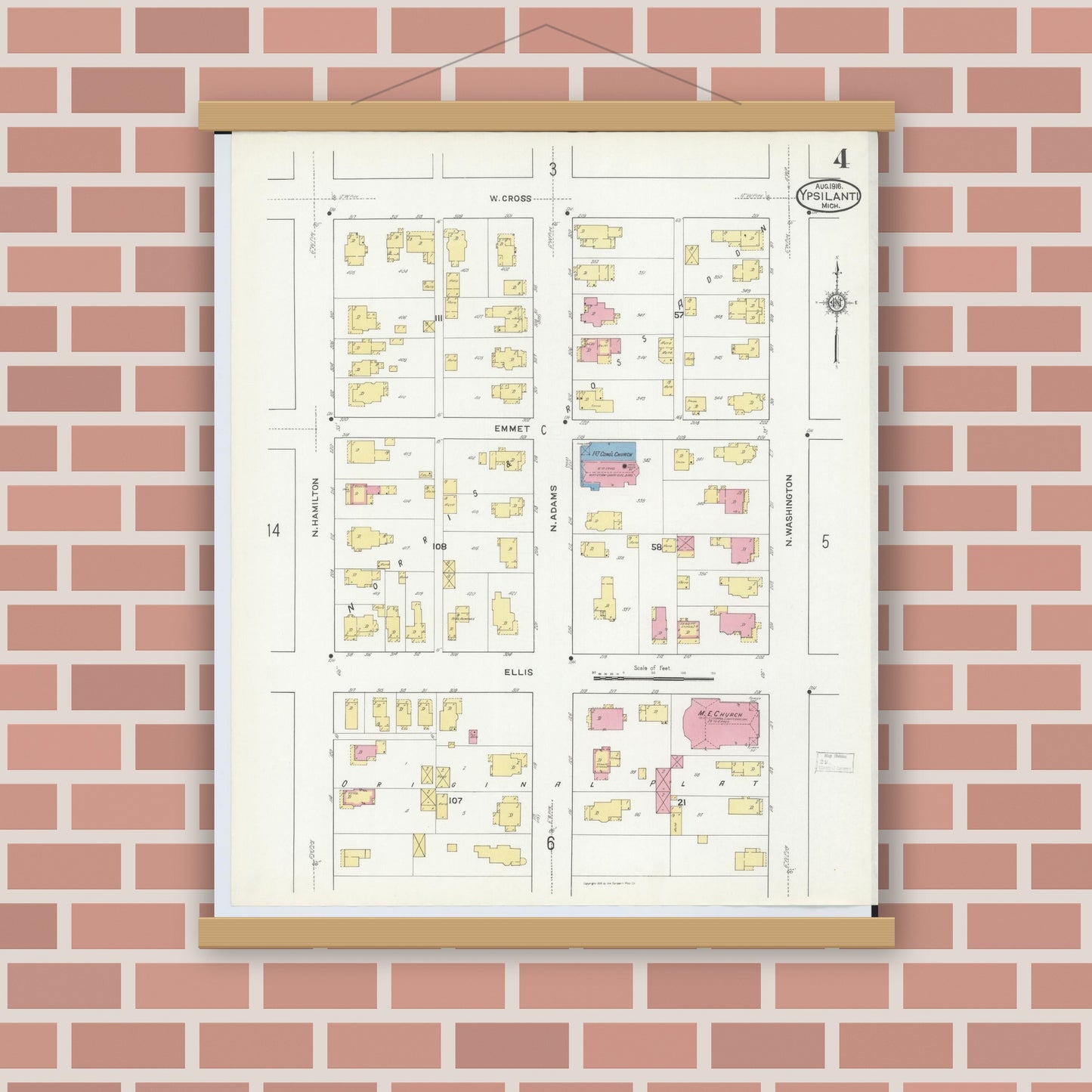 Old map wall art mockup — magnetic wood frame on brick wall — Sanborn Fire Insurance Map from Ypsilanti, Washtenaw County, Michigan (1916), Sheet #0004