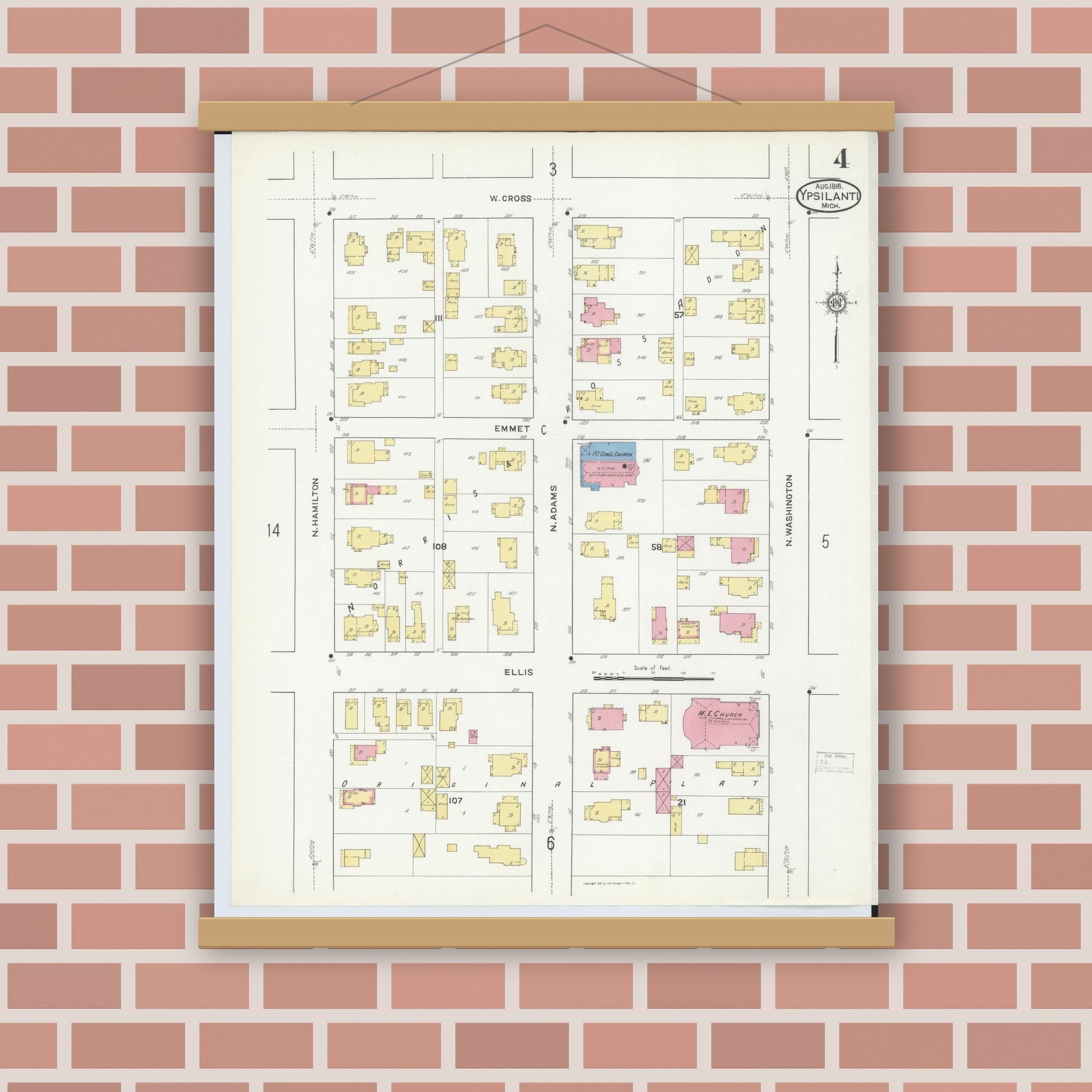 Old map wall art mockup — magnetic wood frame on brick wall — Sanborn Fire Insurance Map from Ypsilanti, Washtenaw County, Michigan (1916), Sheet #0004