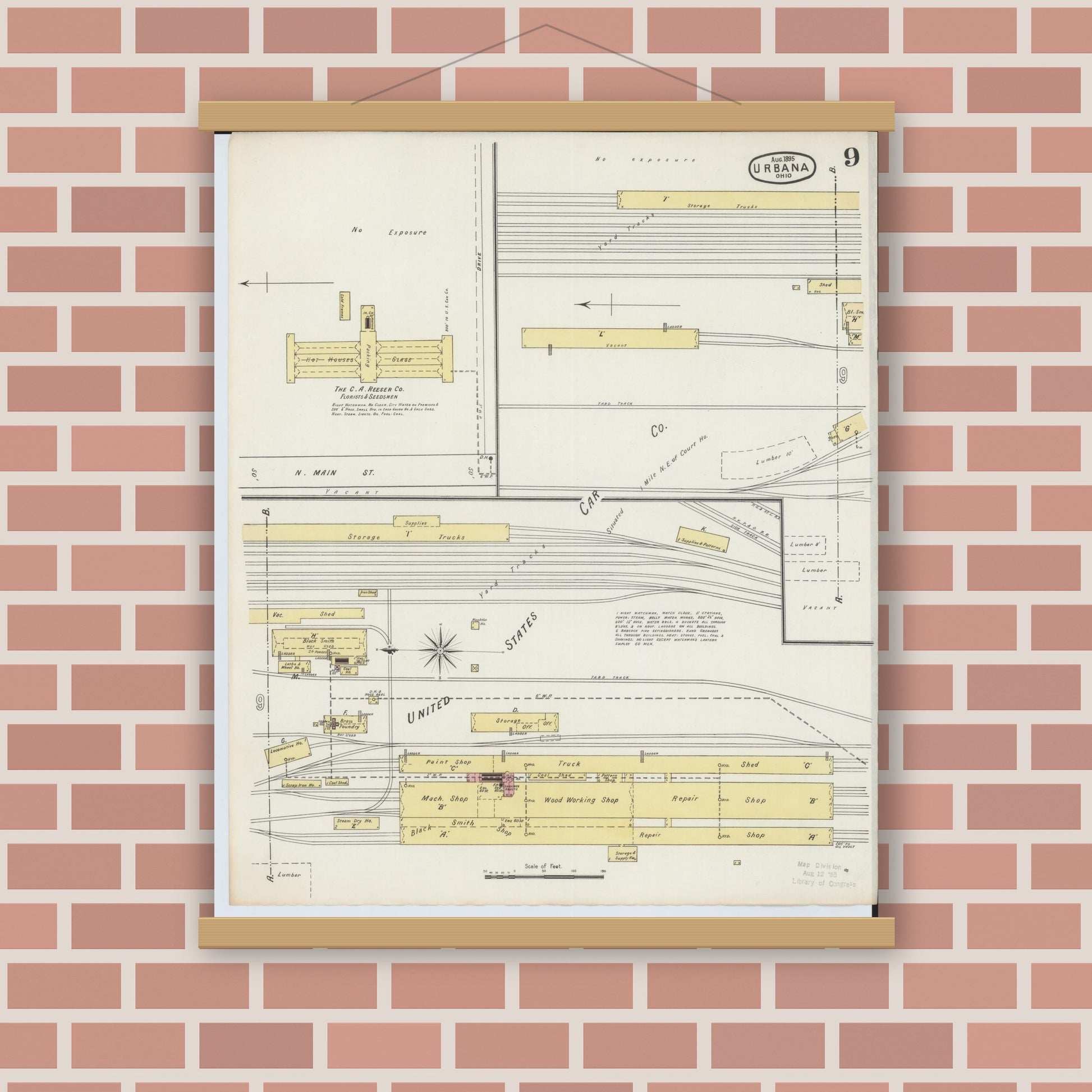 Old map wall art mockup — magnetic wood frame on brick wall — Sanborn Fire Insurance Map from Urbana, Champaign County, Ohio (1895), Sheet #0009