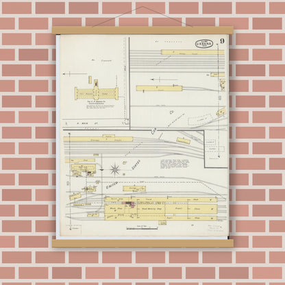 Old map wall art mockup — magnetic wood frame on brick wall — Sanborn Fire Insurance Map from Urbana, Champaign County, Ohio (1895), Sheet #0009