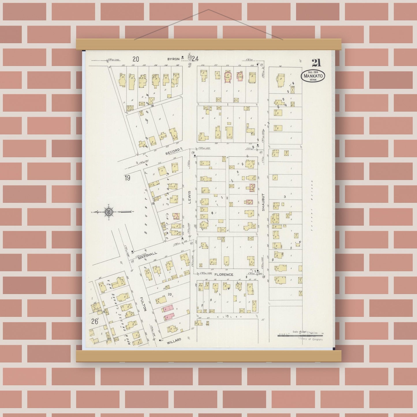 Old map wall art mockup — magnetic wood frame on brick wall — Sanborn Fire Insurance Map from Mankato, Blue Earth County, Minnesota (1914), Sheet #0021