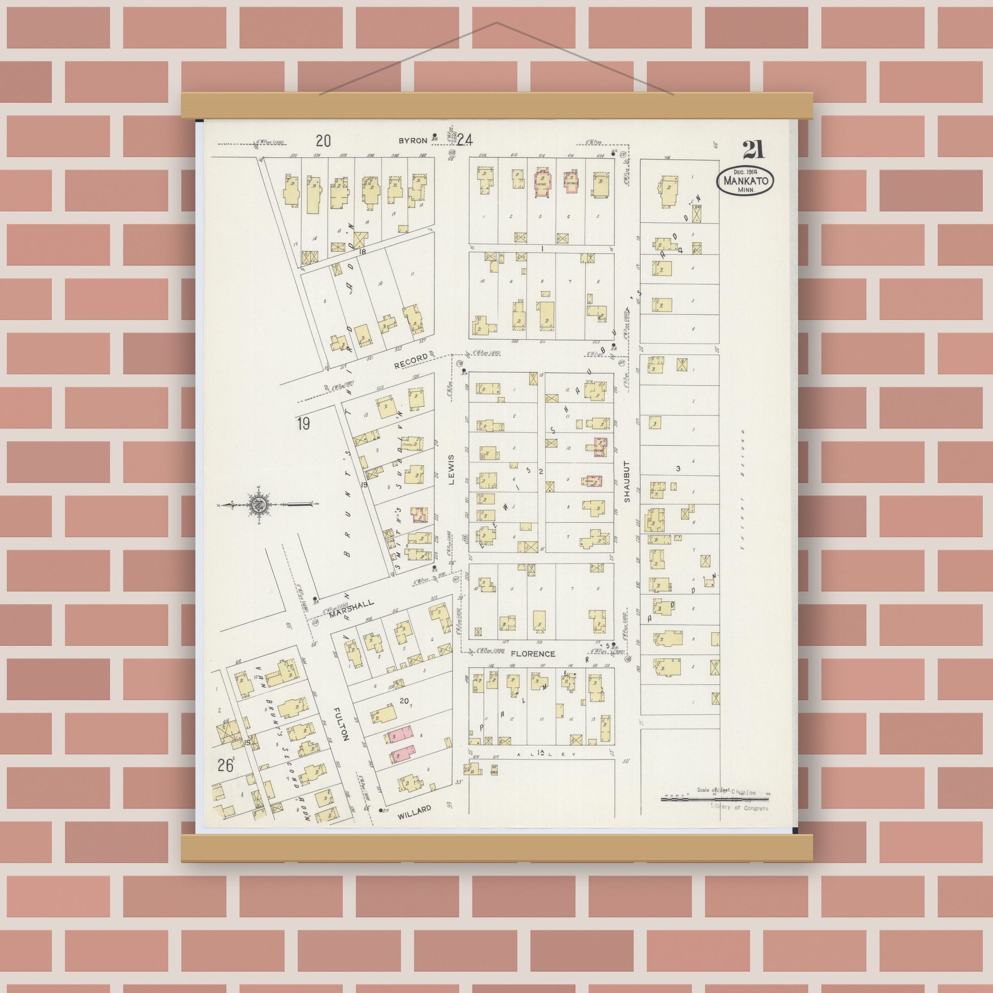 Old map wall art mockup — magnetic wood frame on brick wall — Sanborn Fire Insurance Map from Mankato, Blue Earth County, Minnesota (1914), Sheet #0021