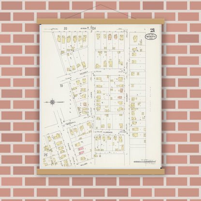 Old map wall art mockup — magnetic wood frame on brick wall — Sanborn Fire Insurance Map from Mankato, Blue Earth County, Minnesota (1914), Sheet #0021