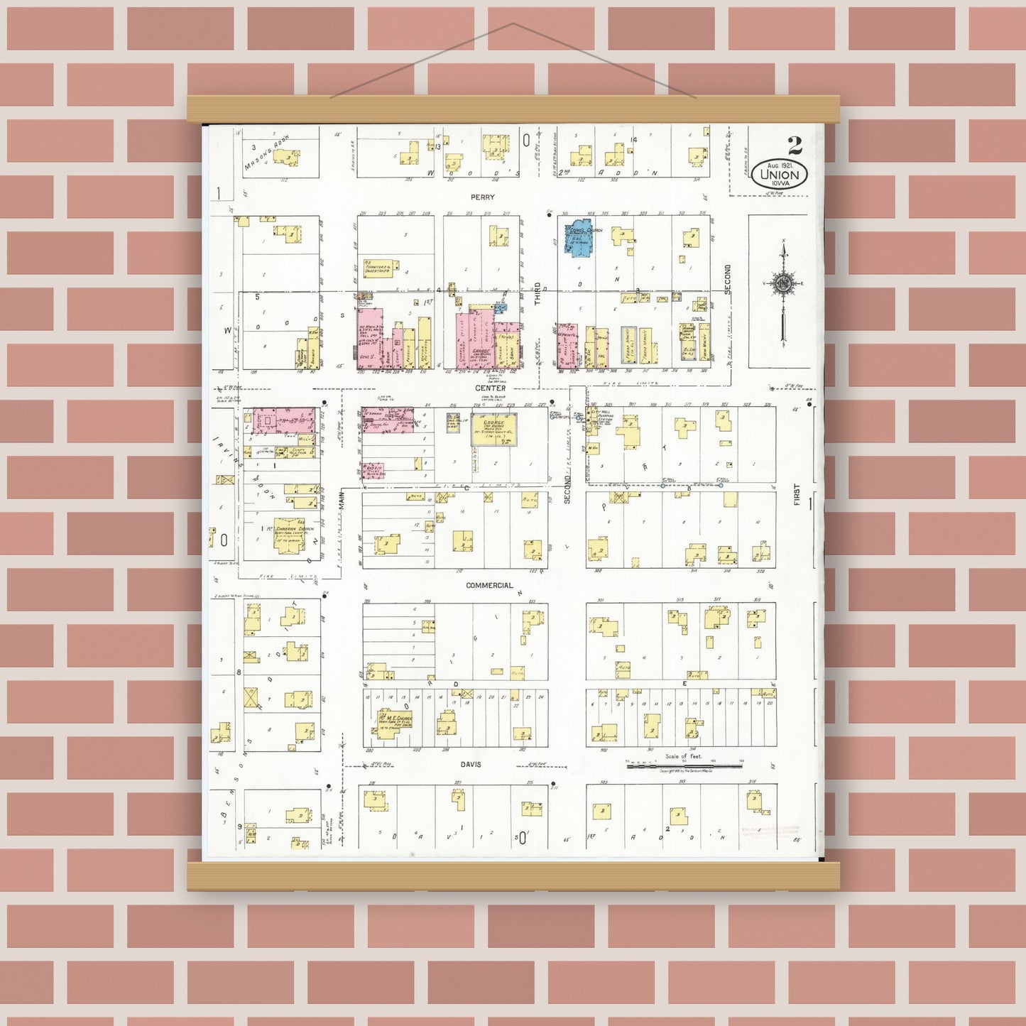 Old map wall art mockup — magnetic wood frame on brick wall — Sanborn Fire Insurance Map from Union, Hardin County, Iowa (1921), Sheet #0002