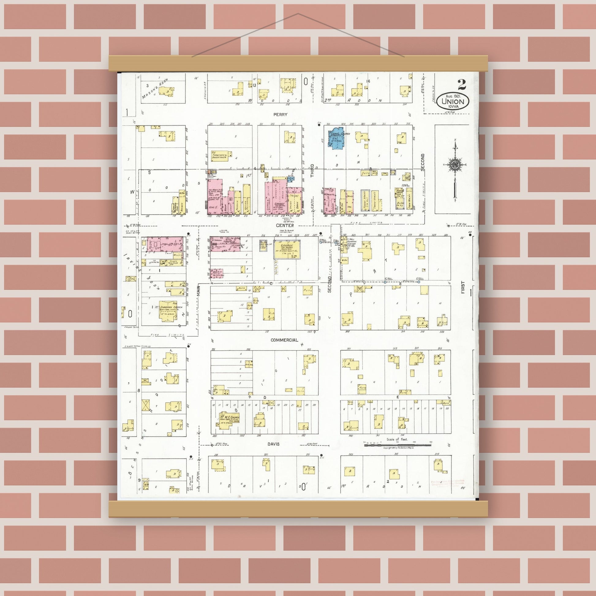 Old map wall art mockup — magnetic wood frame on brick wall — Sanborn Fire Insurance Map from Union, Hardin County, Iowa (1921), Sheet #0002