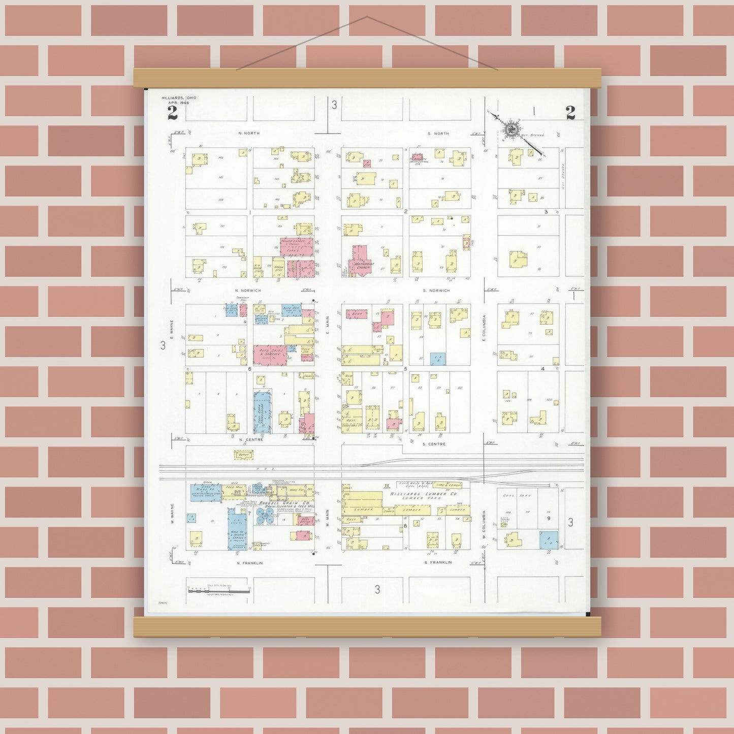 Old map wall art mockup — magnetic wood frame on brick wall — Sanborn Fire Insurance Map from Hilliards, Franklin County, Ohio (1946), Sheet #0002