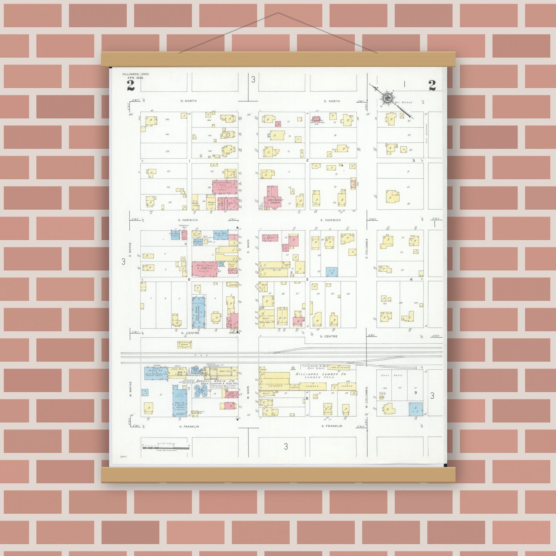 Old map wall art mockup — magnetic wood frame on brick wall — Sanborn Fire Insurance Map from Hilliards, Franklin County, Ohio (1946), Sheet #0002