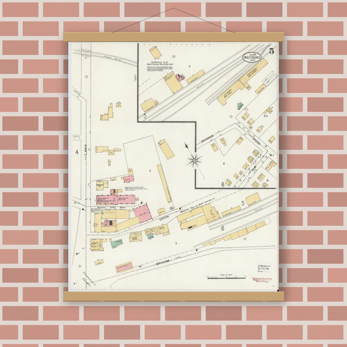 Old map wall art mockup — magnetic wood frame on brick wall — Sanborn Fire Insurance Map from Westboro, Worcester County, Massachusetts (1899), Sheet #0005