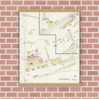Old map wall art mockup — magnetic wood frame on brick wall — Sanborn Fire Insurance Map from Westboro, Worcester County, Massachusetts (1899), Sheet #0005