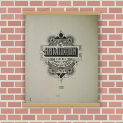 Old map wall art mockup — magnetic wood frame on brick wall — Sanborn Fire Insurance Map from Hamilton, Butler County, Ohio (1927), Sheet #0001