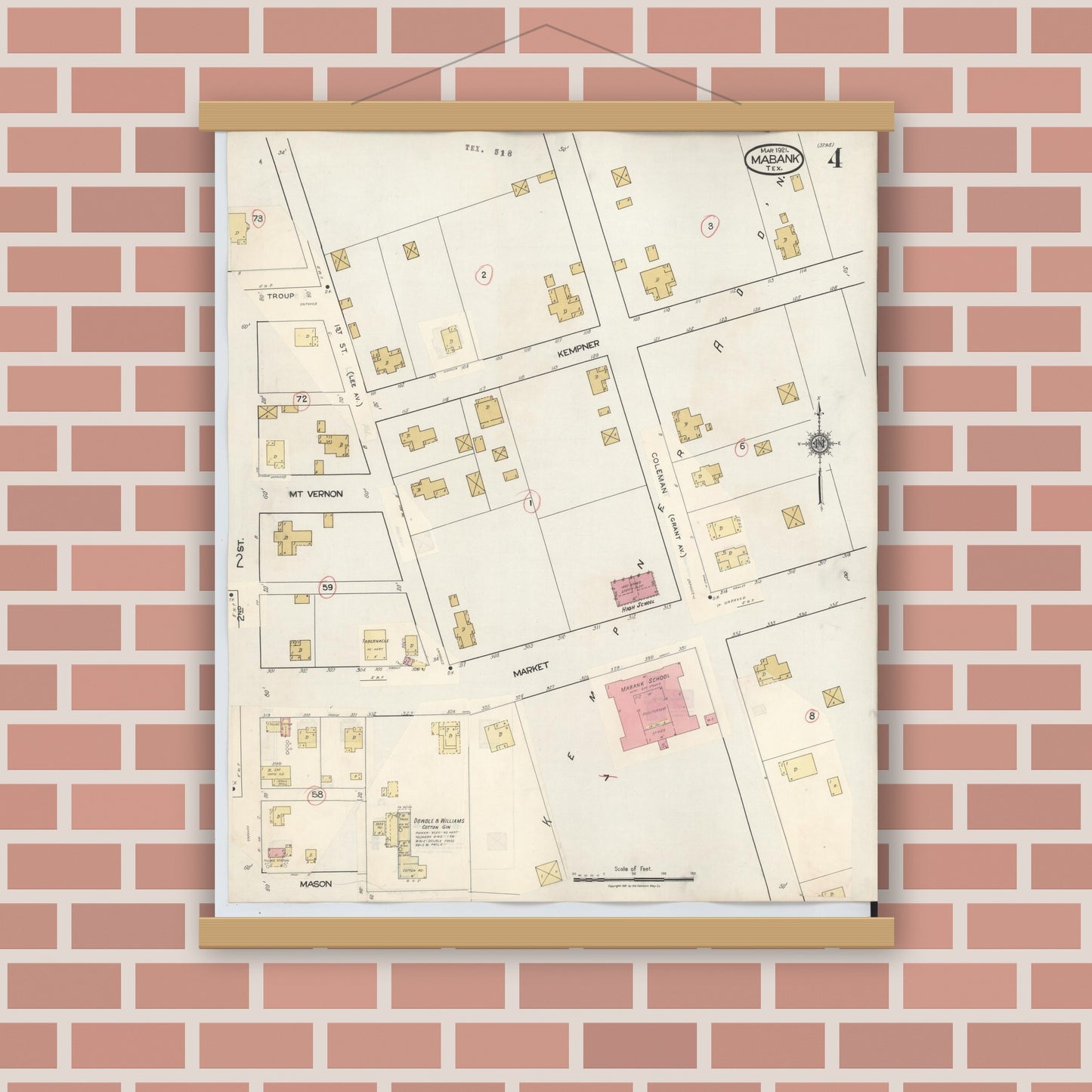 Old map wall art mockup — magnetic wood frame on brick wall — Sanborn Fire Insurance Map from Mabank, Kaufman County, Texas (1934), Sheet #0004
