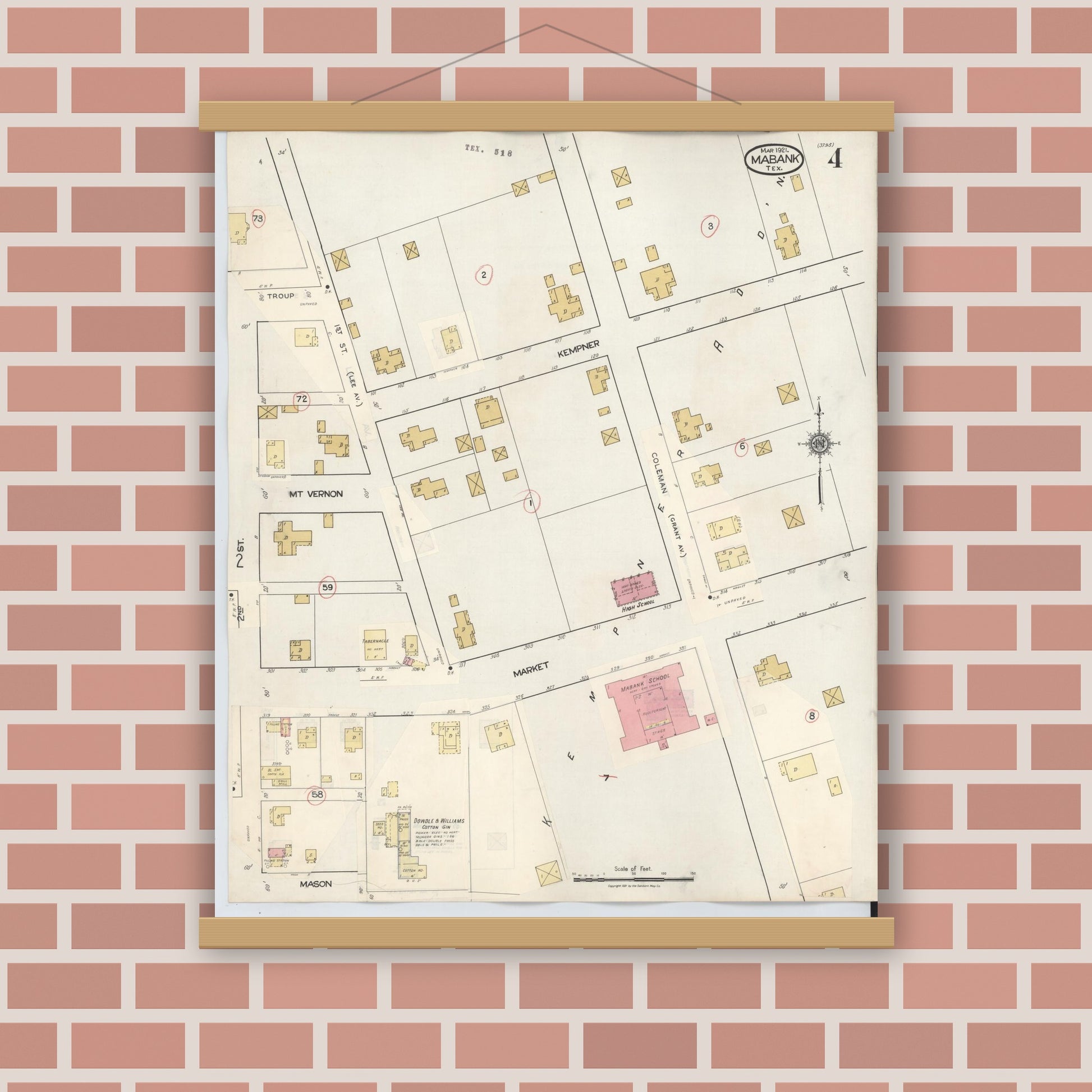 Old map wall art mockup — magnetic wood frame on brick wall — Sanborn Fire Insurance Map from Mabank, Kaufman County, Texas (1934), Sheet #0004