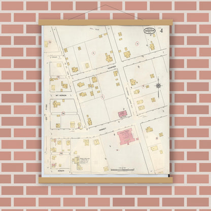 Old map wall art mockup — magnetic wood frame on brick wall — Sanborn Fire Insurance Map from Mabank, Kaufman County, Texas (1934), Sheet #0004