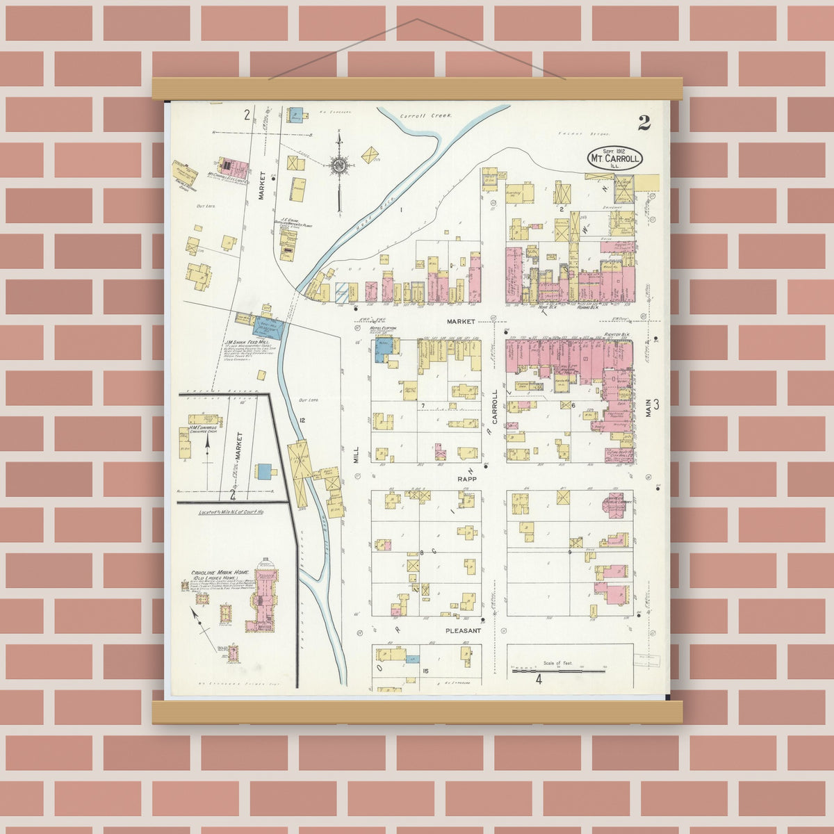 Old map wall art mockup — magnetic wood frame on brick wall — Sanborn Fire Insurance Map from Mount Carroll, Carroll County, Illinois (1912), Sheet #0002