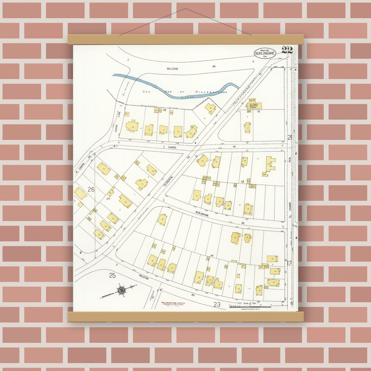 Old map wall art mockup — magnetic wood frame on brick wall — Sanborn Fire Insurance Map from Burlingame, San Mateo County, California (1921), Sheet #0022