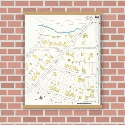 Old map wall art mockup — magnetic wood frame on brick wall — Sanborn Fire Insurance Map from Burlingame, San Mateo County, California (1921), Sheet #0022